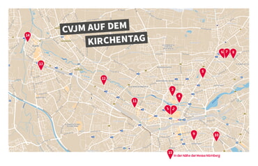 Orte der CVJM-Veranstaltungen auf dem Kirchentag in Nürnberg